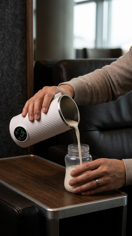 A person pours milk from a white ribbed electric milk pitcher with a digital display, into a clear baby bottle, set on a wooden table in a modern interior.