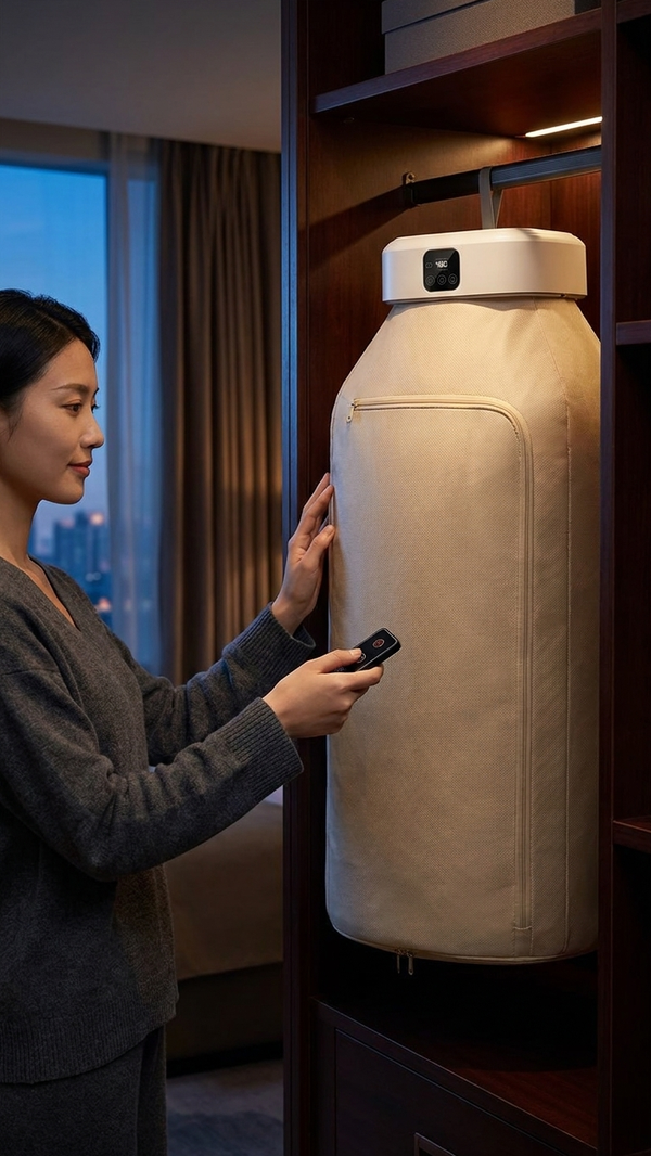 Dual-voltage travel hair dryer in cream and white, standing beside a dark wooden nightstand