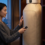 A woman in a gray sweater stands next to a tall, cream-colored under-bed storage container or organizer inside a dark wooden nightstand or closet shelf, holding a small black remote control.