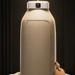 A tall beige insulated bottle or water carrier with a white cap and integrated top light, styled on a dark surface with a sleep mask, small wooden blocks, and a leather tag nearby against a dark background.