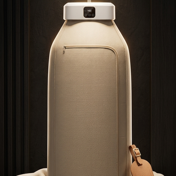 A tall beige insulated bottle or water carrier with a white cap and integrated top light, styled on a dark surface with a sleep mask, small wooden blocks, and a leather tag nearby against a dark background.