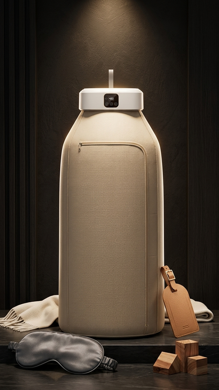 A tall beige insulated bottle or water carrier with a white cap and integrated top light, styled on a dark surface with a sleep mask, small wooden blocks, and a leather tag nearby against a dark background.