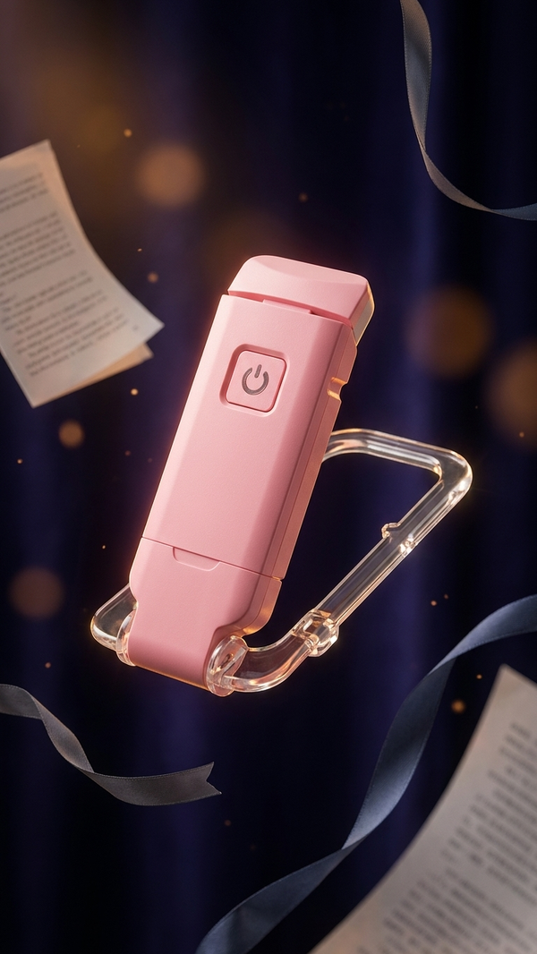 A USB-rechargeable travel reading light in pink with its clip, studio photograph