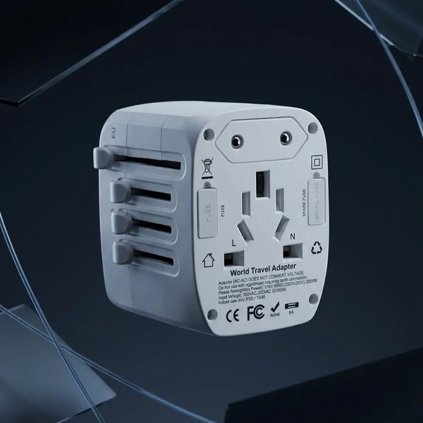 A white universal travel adapter floating against a dark, reflective background with abstract glass-like shapes.