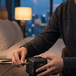 A person in a dark gray sweater plugs a black rectangular electronic device into a wall charger in a modern, softly lit bedroom or hotel room.
