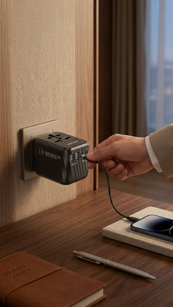 A hand plugging a 5-port travel adapter into a wall socket beside a charging phone