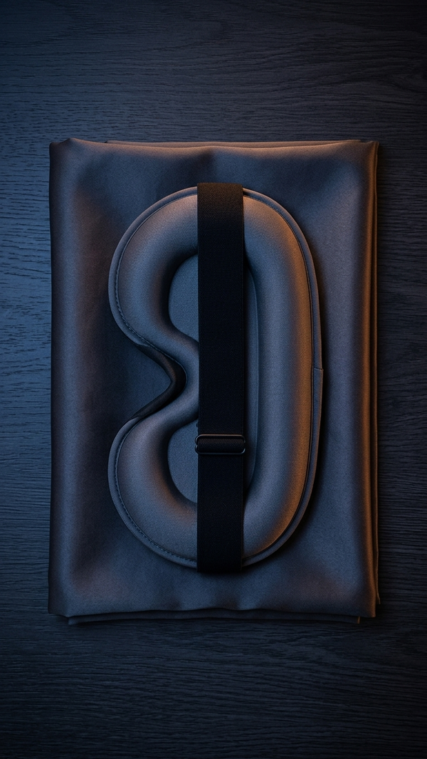 The blackout sleep mask in dark grey with a black strap