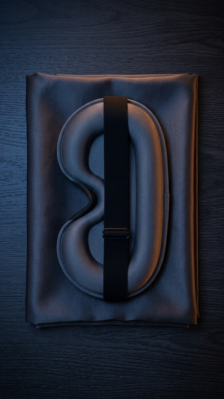 The blackout sleep mask in dark grey with a black strap