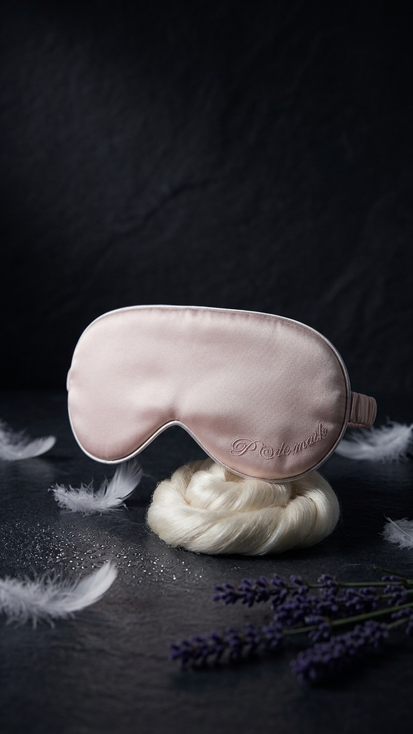 The Cloud Dream blackout sleep mask in blush pink satin, displayed on a stand