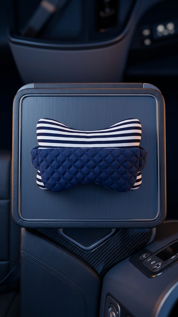 The travel pillow in navy resting on a car console tray