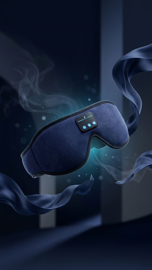 The Bluetooth sleep mask in dark blue with its illuminated control panel