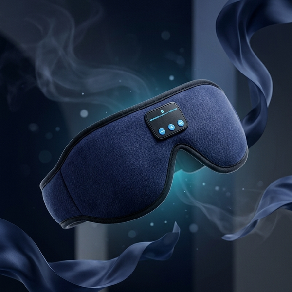 A dark blue sleep mask with a built-in control panel and glowing blue LED lights, floating in a dark room with stylized smoke and flowing fabric elements.