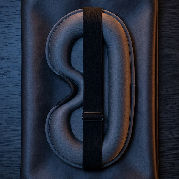 A dark gray padded travel neck pillow with a black strap, presented on a dark textured fabric background.