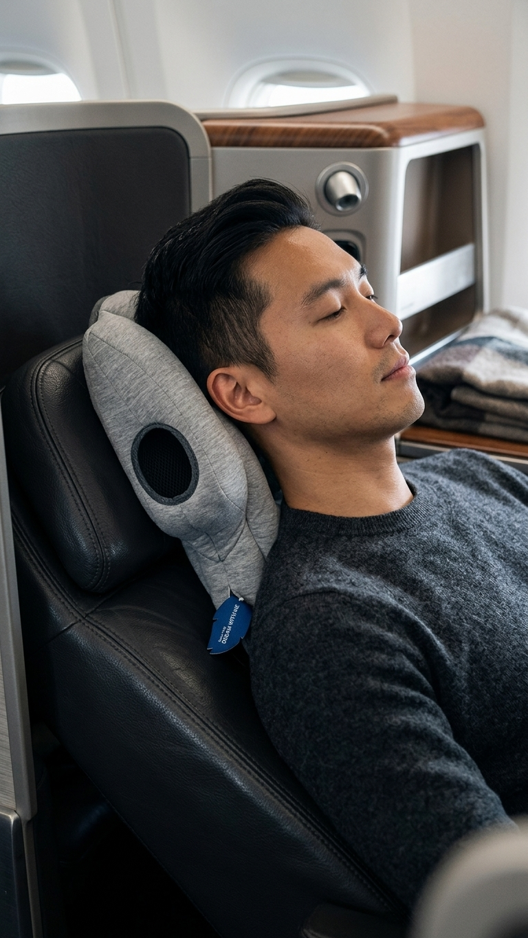 A man resting his head on a neck-support travel pillow in an airplane cabin