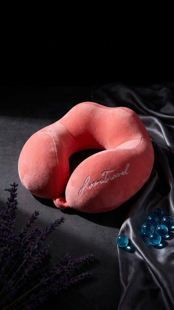 The U-shaped travel pillow in pink, styled on dark satin with dried lavender