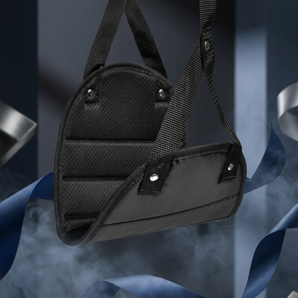 A black textured shoulder bag with a wide strap, hanging against a dark background with blue smoke and silver ribbon accents.