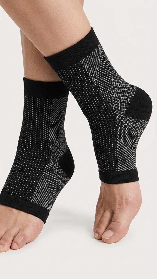 Anti-fatigue compression socks in black with a textured mesh knit, worn