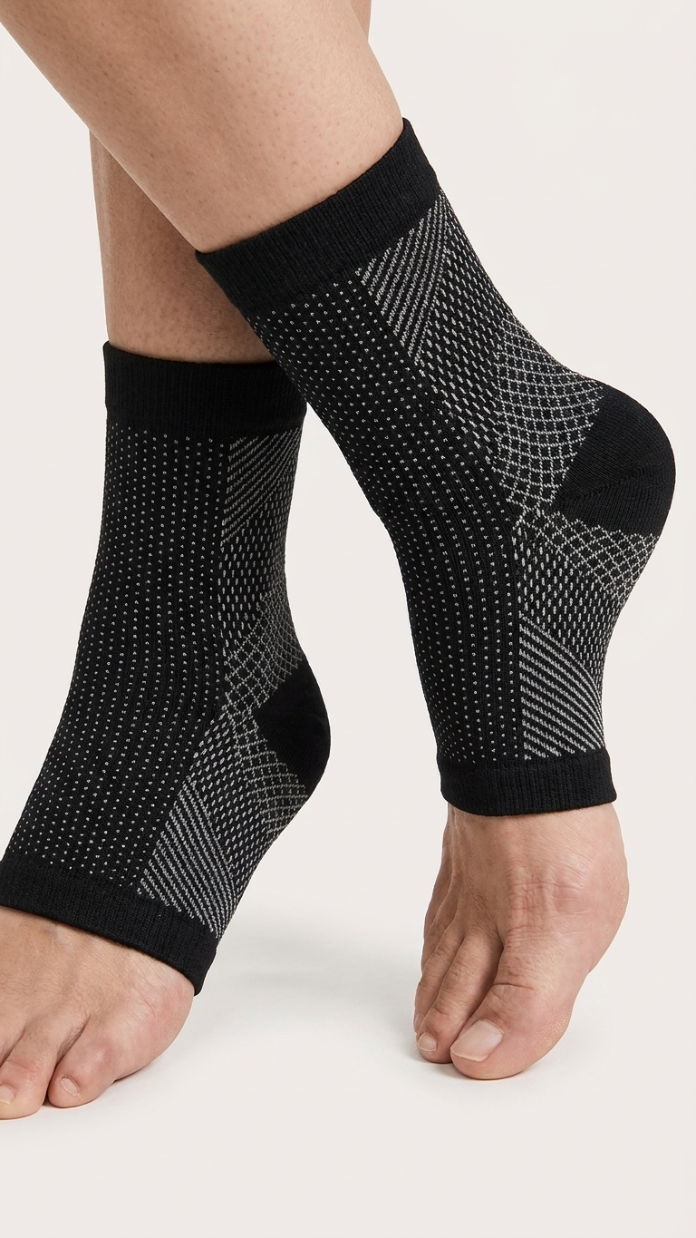 Anti-fatigue compression socks in black with a textured mesh knit, worn
