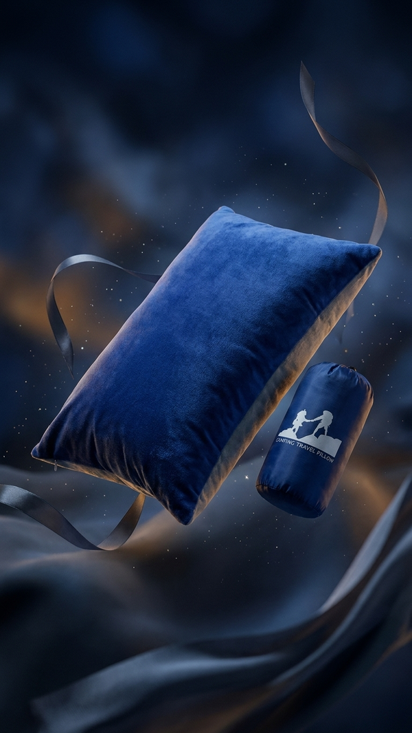 The travel pillow in blue velvet with its matching carry pouch
