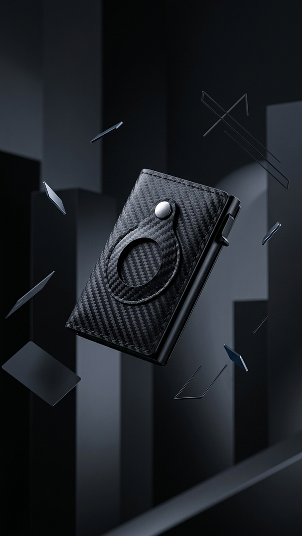 The RFID leather wallet with its ring detail and snap closure, studio photograph