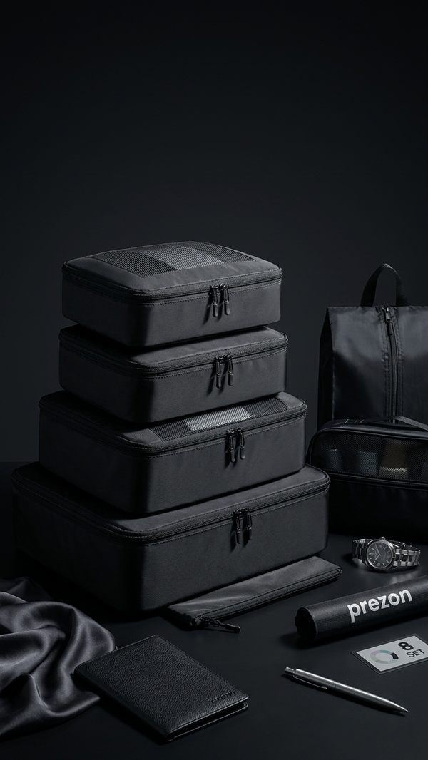Luggage organiser set packing cubes stacked with travel accessories