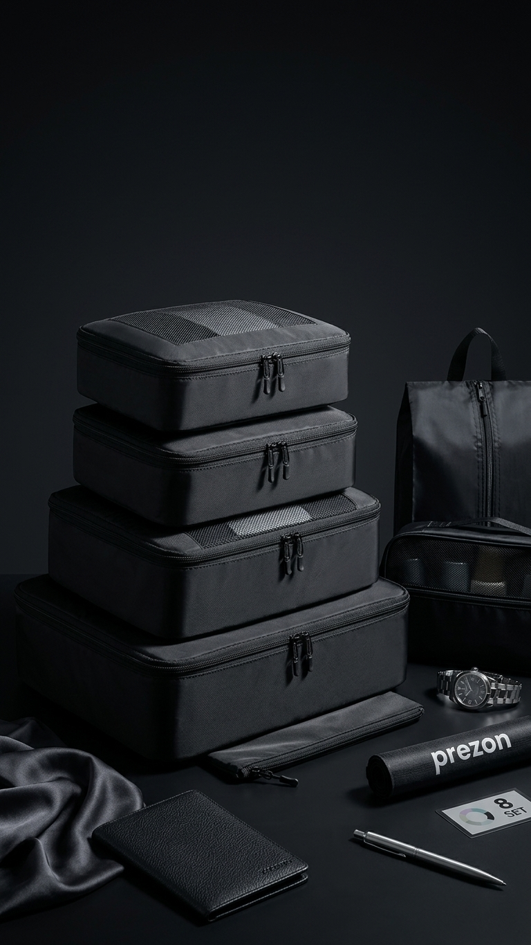 Luggage organiser set packing cubes stacked with travel accessories