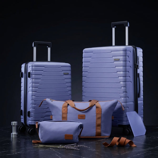 The hardside luggage set in slate blue, lifestyle photograph